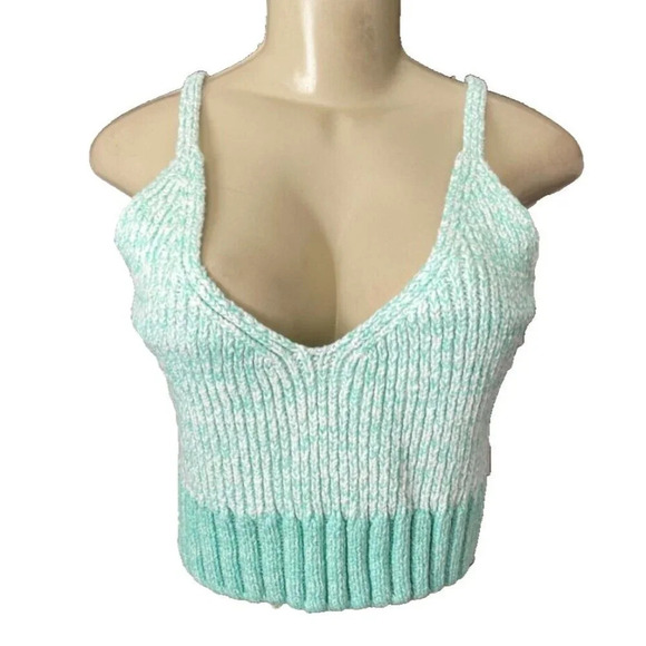 Free People XL Seafoam Green Two-Tone Ribbed V-Neck Crop Camisole Bralette Top - Picture 2 of 6